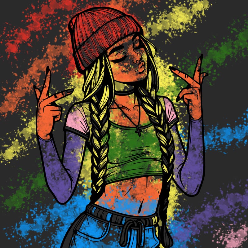 realistic teenage girl with braids and a beanie and crop top doing 🫶🏼