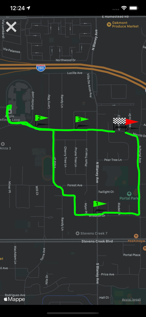 Fitmeter Run - GPS Tracker - Mapa de rastreamento GPS no aplicativo Fitmeter Run mostrando uma rota de corrida verde com marcadores de quilometragem e uma bandeira de chegada