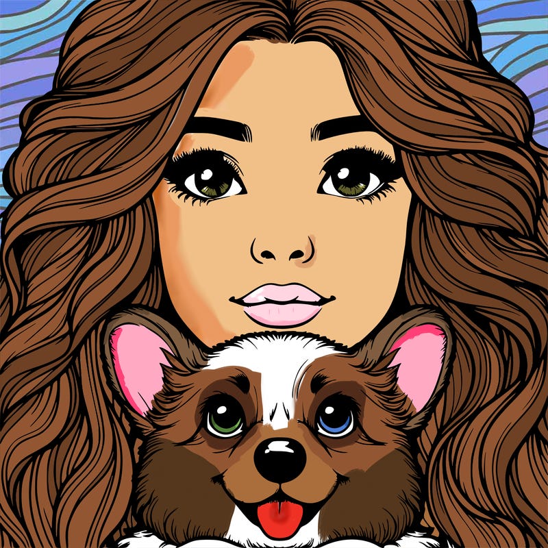 realistic girl face with a nose and wavy hair and a corgi dog in her arms