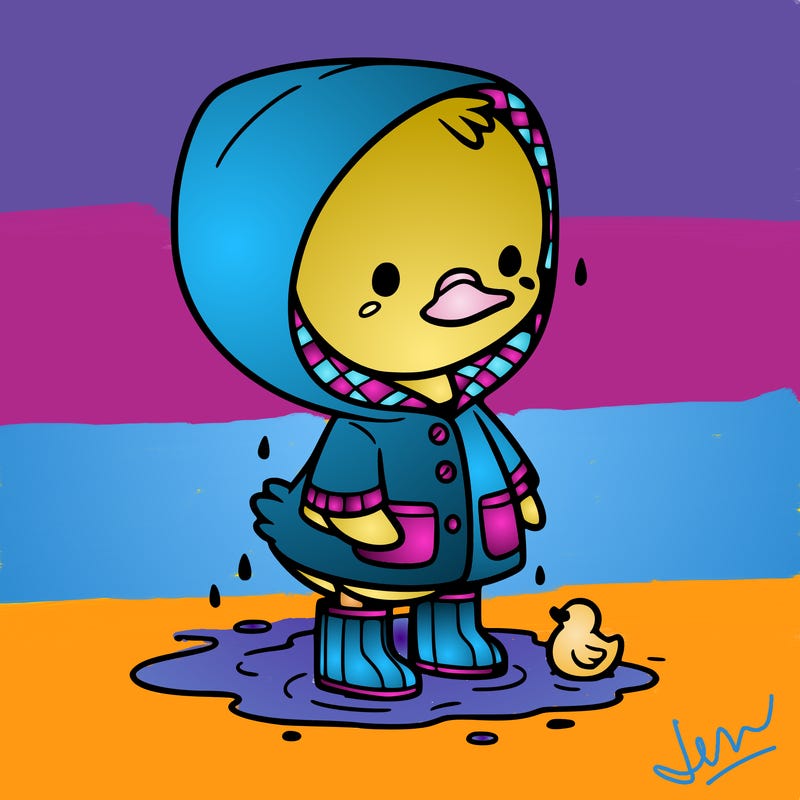 baby duck in a rain coat and boots, in a puddle while it’s raining