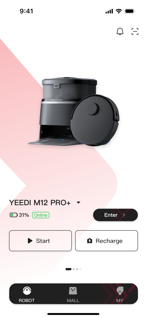 YEEDI - YEEDI app home screen for the M12 PRO robot vacuum showing start and recharge options