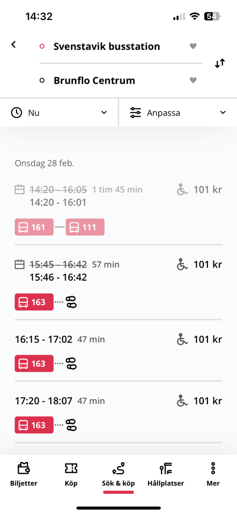 Länstrafiken Jämtland - Bus trip search results in the Lanstrafiken Jamtland app showing routes from Svenstavik to Brunflo with prices and departure times