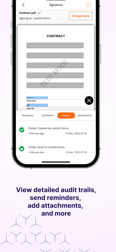 Foxit eSign - Foxit eSign mobile app interface showing a contract audit trail and history tab