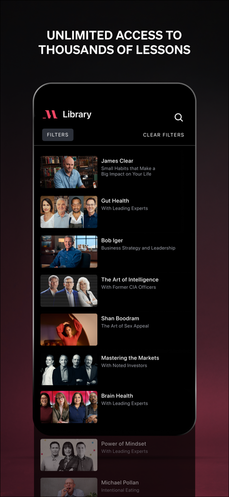 MasterClass: Online Classes - MasterClass app library showing a selection of expert led online courses and lessons