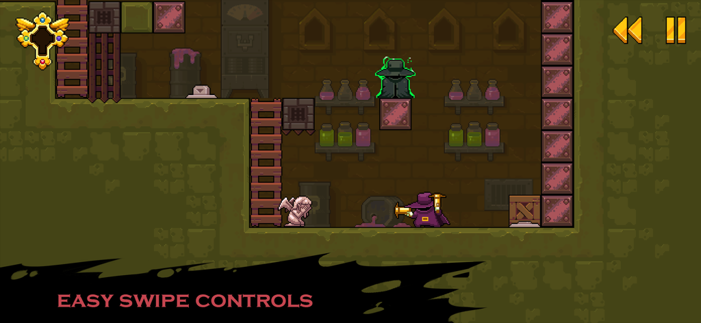 Pixel art gameplay of Turn Undead 2 showing a monster hunter character in a laboratory with easy swipe controls text.