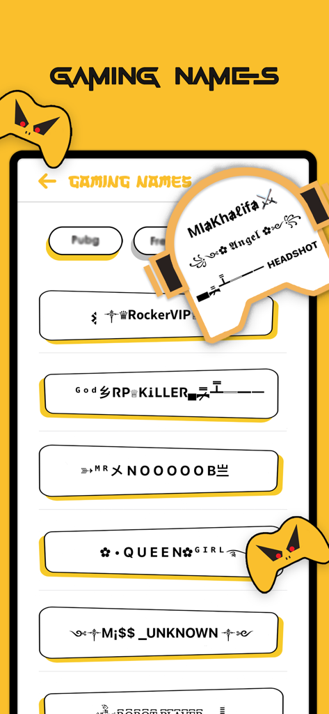 Nickname Maker For Games - Una lista de apodos de juego elegantes listos para usar con símbolos decorativos y caracteres especiales.