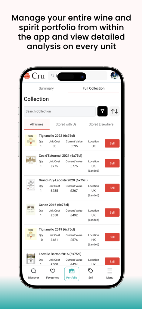 Cru World Wine app interface displaying a fine wine collection with unit analysis and current market values.