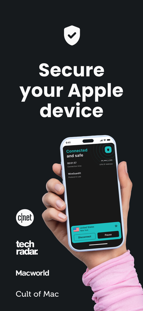 Surfshark VPN App auf einem iPhone mit der Überschrift Sichern Sie Ihr Apple-Gerät und Tech-Medienlogos