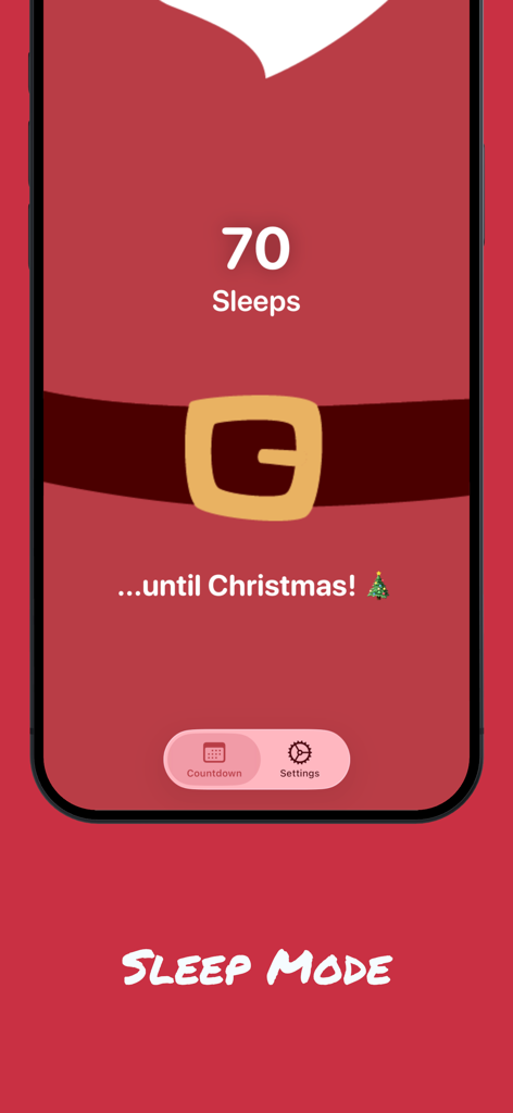 Schermata dello smartphone che mostra settanta giorni mancanti a Natale con uno sfondo a tema costume di Babbo Natale.