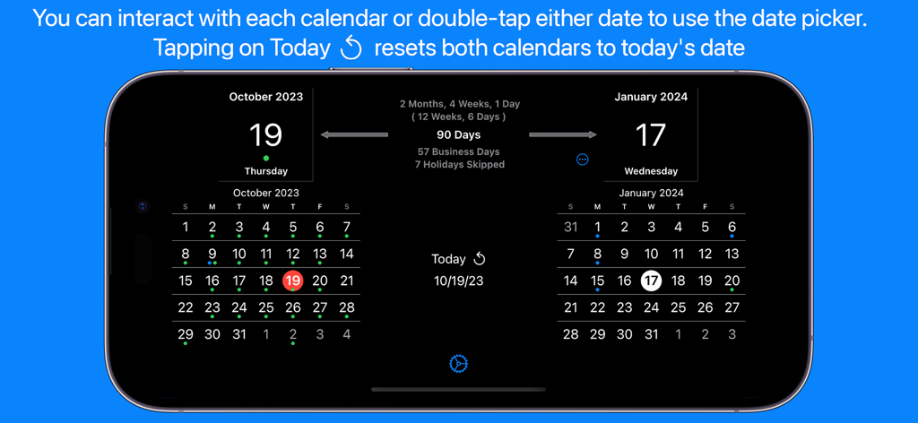 Time Jump - Date Calculator - Interfaz de la aplicación Time Jump que muestra calendarios uno al lado del otro con cálculos de días hábiles y festivos.