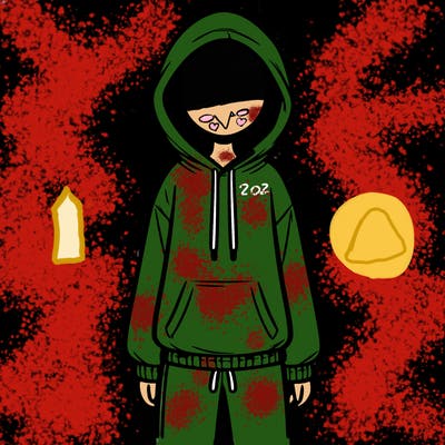 faceless girl in a tracksuit with a hood on and no hair