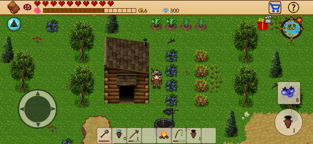 Survival RPG: Open World Pixel - A character standing outside a wooden cabin next to garden plots in a retro 2D pixel art survival game.
