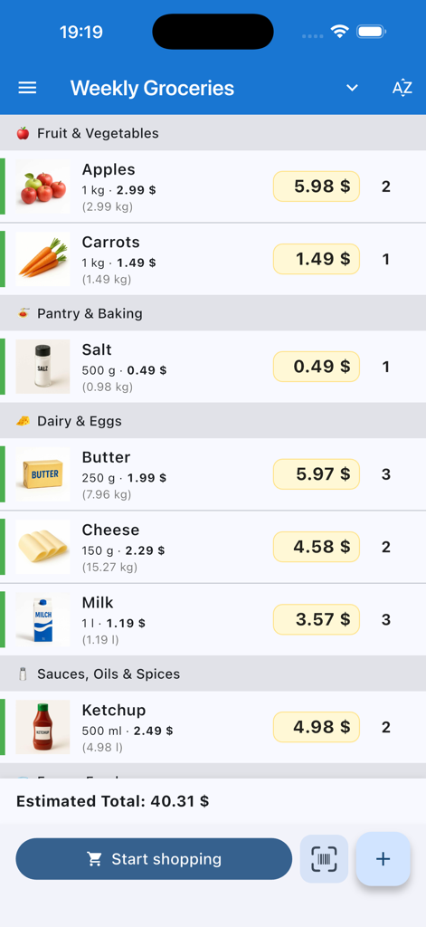 La aplicación Einkaufix muestra una lista de compras categorizada con imágenes de productos y el precio total estimado
