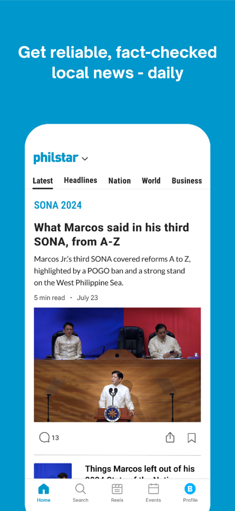 Aplicativo Philstar mostrando o feed de notícias mais recente com uma manchete sobre o discurso SONA do presidente das Filipinas