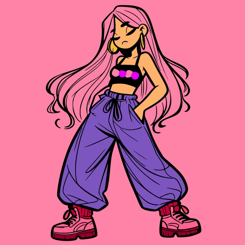 girl in baggy pants crop top and long hair