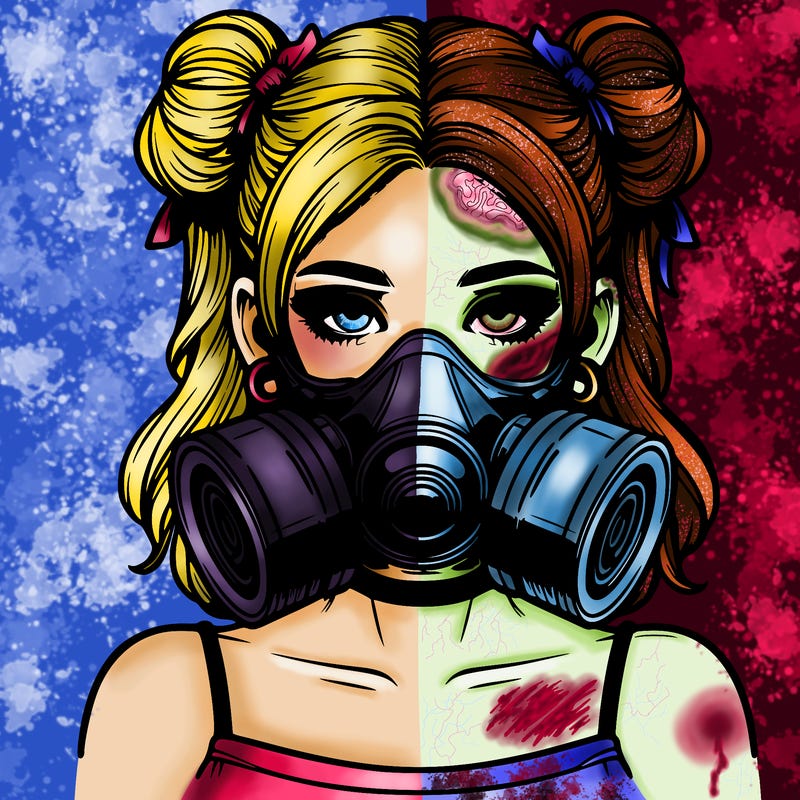 realistic lady wearing a gas mask