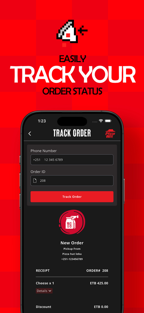 Pizza Hut Ethiopia - Track order status screen on the Pizza Hut Ethiopia app