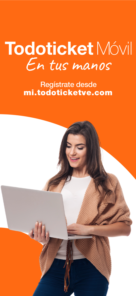 Todoticket - A woman using a laptop with the Todoticket Mobil app registration details on an orange background