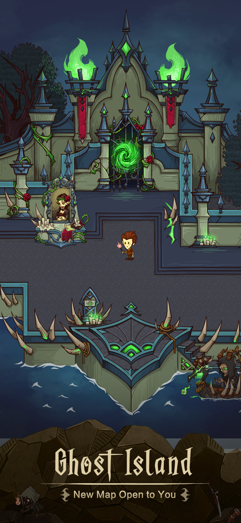 The Greedy Cave - Character standing in front of a mysterious green portal on the new Ghost Island map in The Greedy Cave