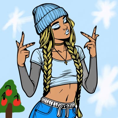 realistic teenage girl with braids and a beanie and crop top doing 🫶🏼