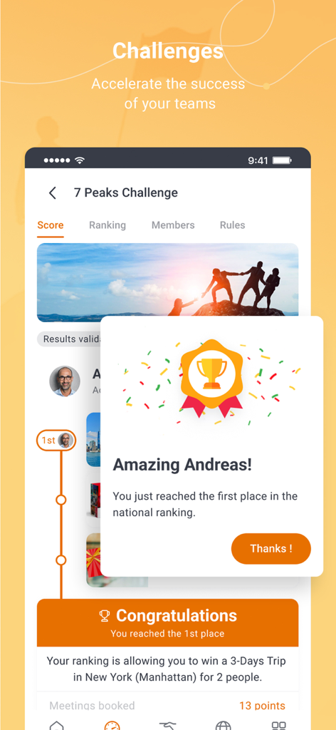 Incenteev - Capture d'écran d'une application mobile affichant un défi de vente ludique intitulé « 7 Peaks Challenge », où un utilisateur nommé Andreas a atteint la première place et gagné un voyage à New York.