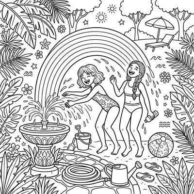 Capture the joy of a perfect summer day with this enchanting coloring page, featuring two friends delighting in rainbow sprays from a garden fountain. It's a vibrant scene filled with tropical charm and endless possibilities for colorful expression.