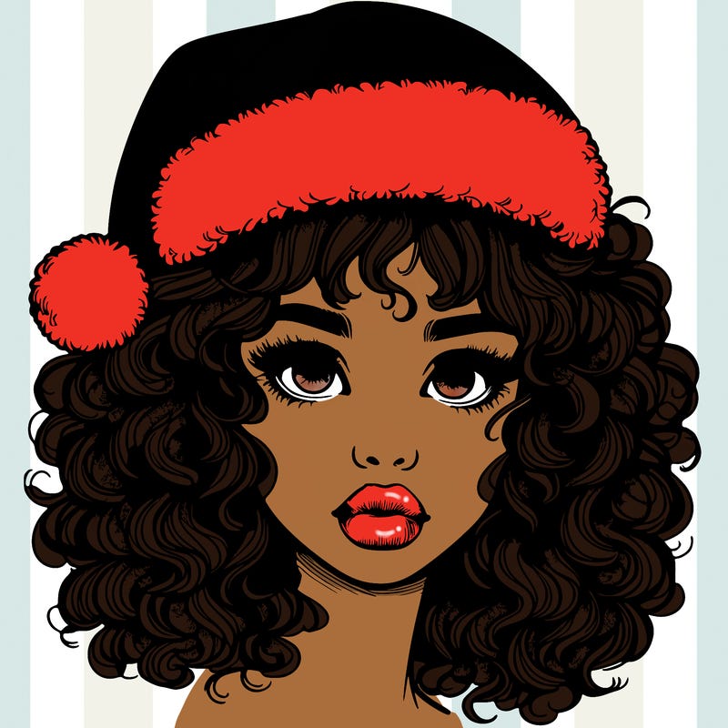 realistic girl with a santa hat curly hair and lips