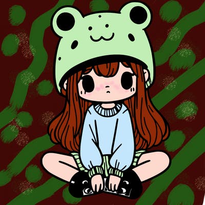 a girl wearing a frog hat and some frog socks