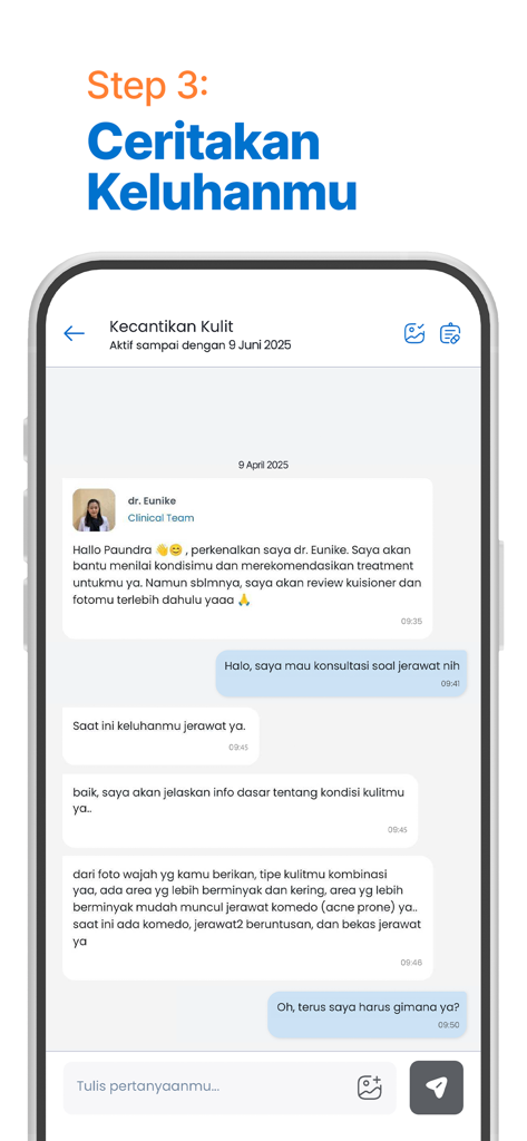 Eine mobile App-Chat-Oberfläche, die eine digitale Beratung mit einem klinischen Fachmann für personalisierte Hautpflege zeigt