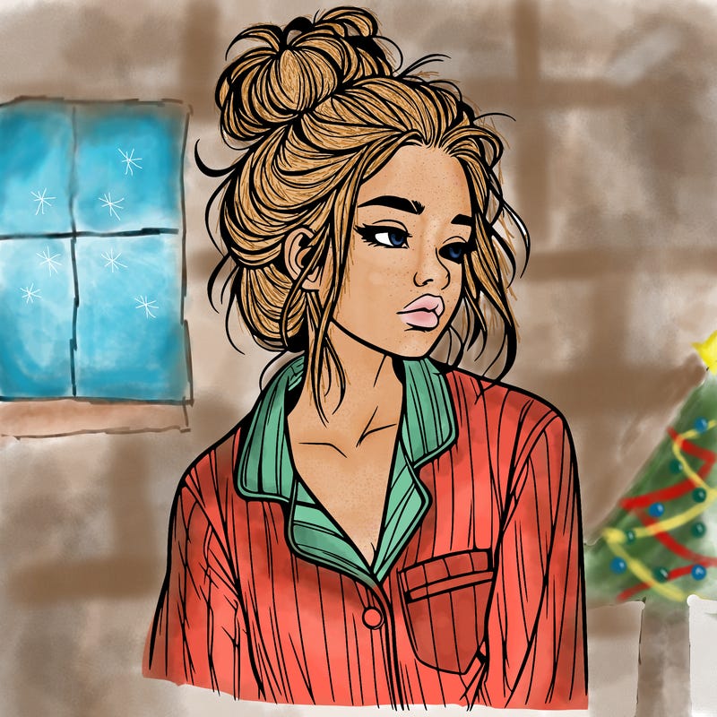 realistic woman with pajamas on and a messy bun