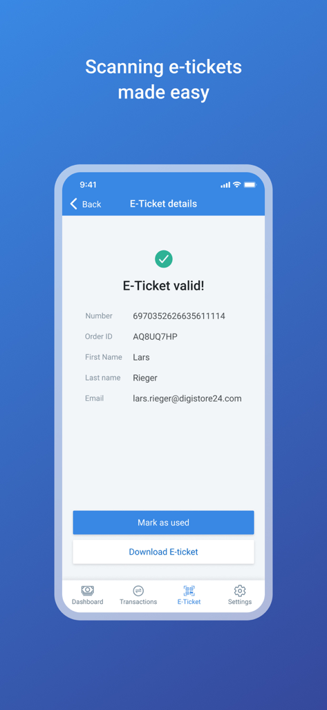 Digistore24 mobile app interface displaying a valid e-ticket confirmation and customer details.