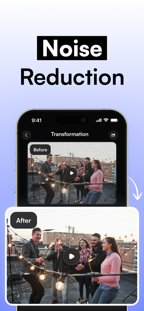 AI 노이즈 감소를 사용하여 거친 비디오와 선명한 비디오의 나란히 비교