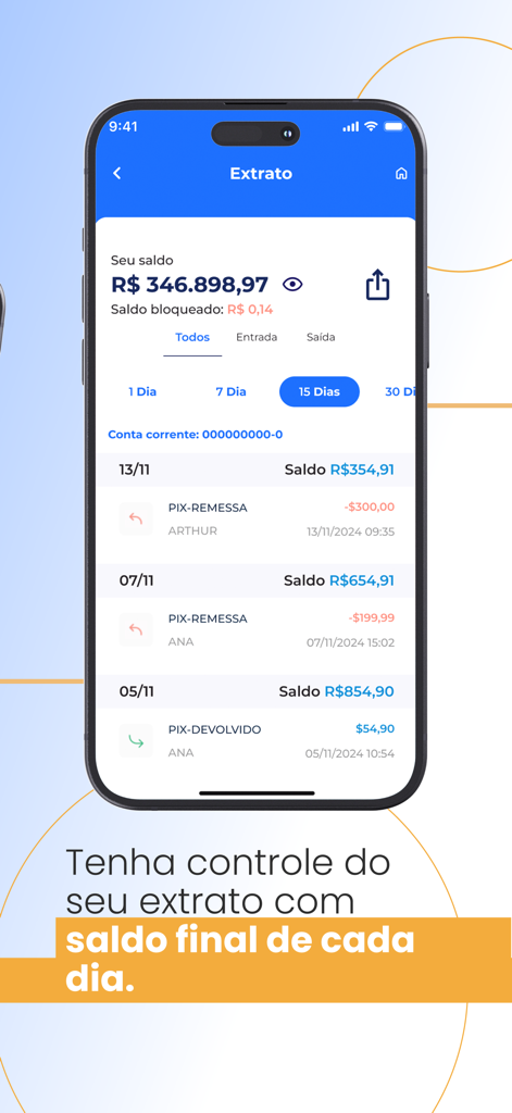 C-Plus Conta Digital - Écran mobile de l'application C-Plus Conta Digital affichant un relevé bancaire professionnel avec les soldes quotidiens et les transactions PIX.