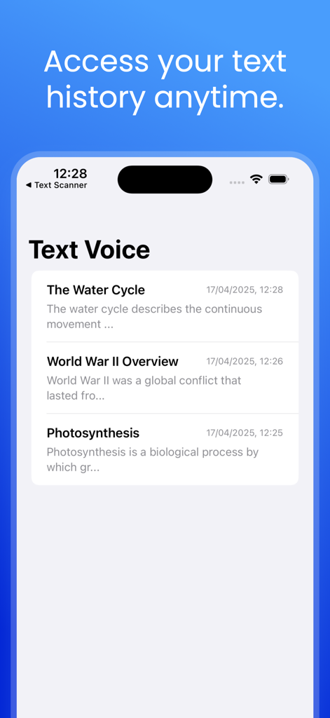 Audio Text Reader Voice - Interface of the Audio Text Reader Voice app showing a list of saved text scans.