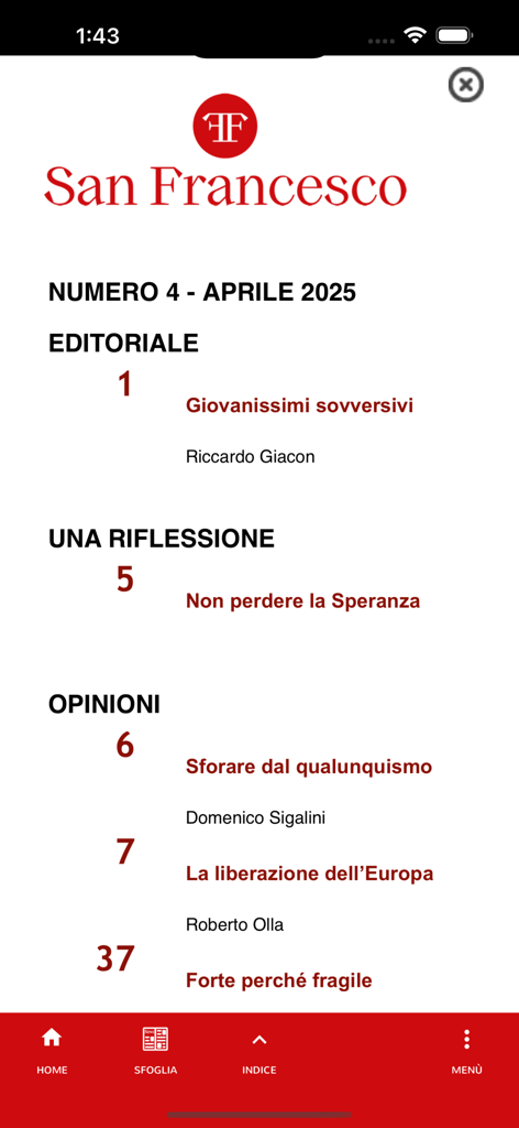 San Francesco Digitale - A table of contents page from the San Francesco Digitale app for the April 2025 issue.
