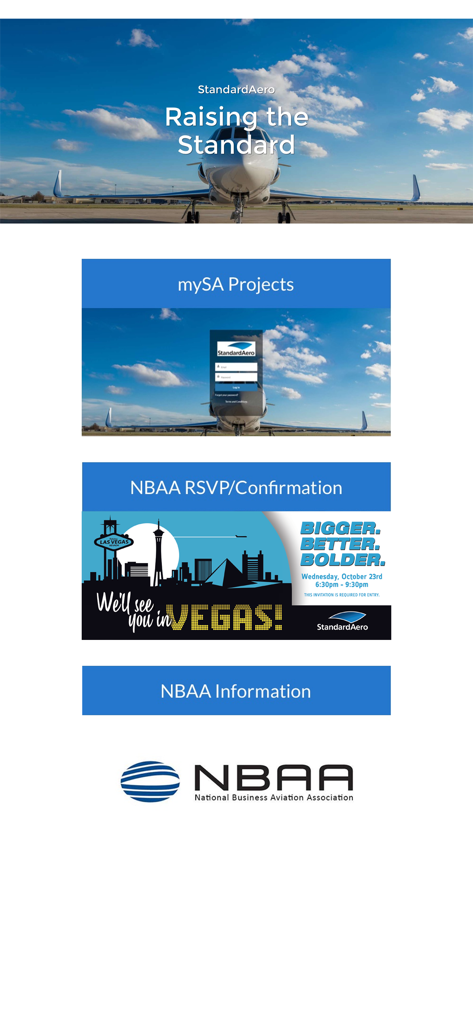 Hauptmenü der myStandardAero-App mit Links zu Projekten und NBAA-Veranstaltungsinformationen