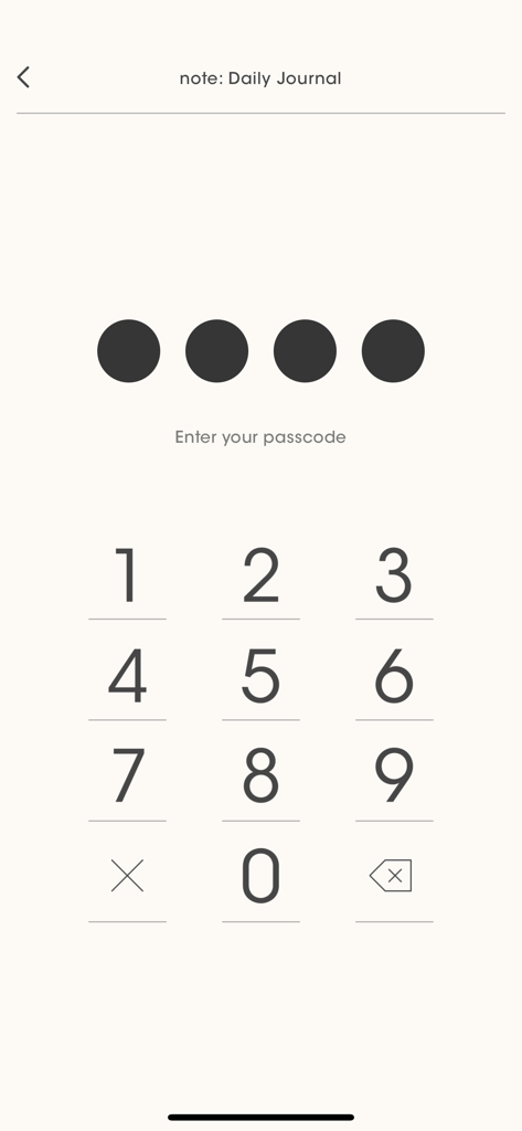 Simplife - Simplife app passcode entry screen for a private daily journal note
