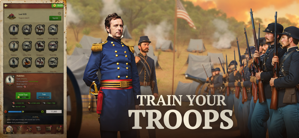 War and Peace: Civil War - Union commander standing with his troops next to a menu for training infantry and artillery units in War and Peace Civil War.