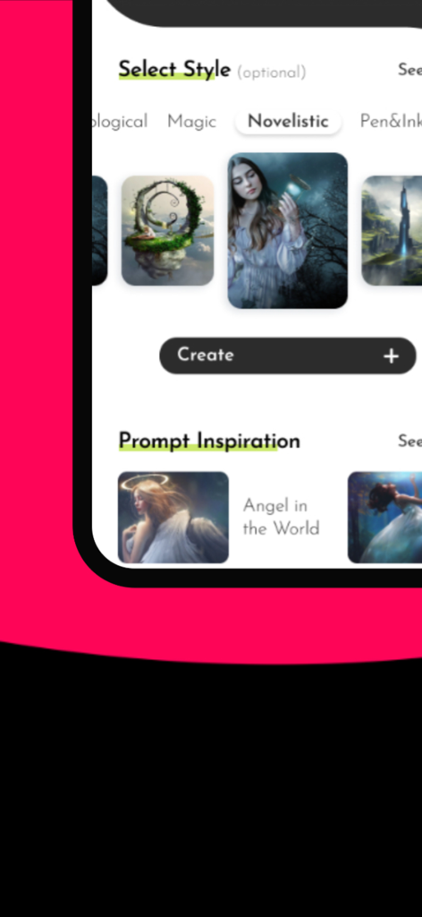 Ai Studio - Art AI - Ai Studio app interface showing art style selection and prompt inspiration