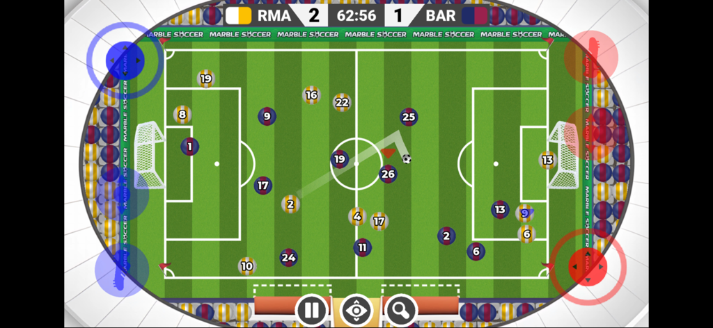 Marble Soccer - A top down view of a marble soccer match with virtual joysticks and scoreboard