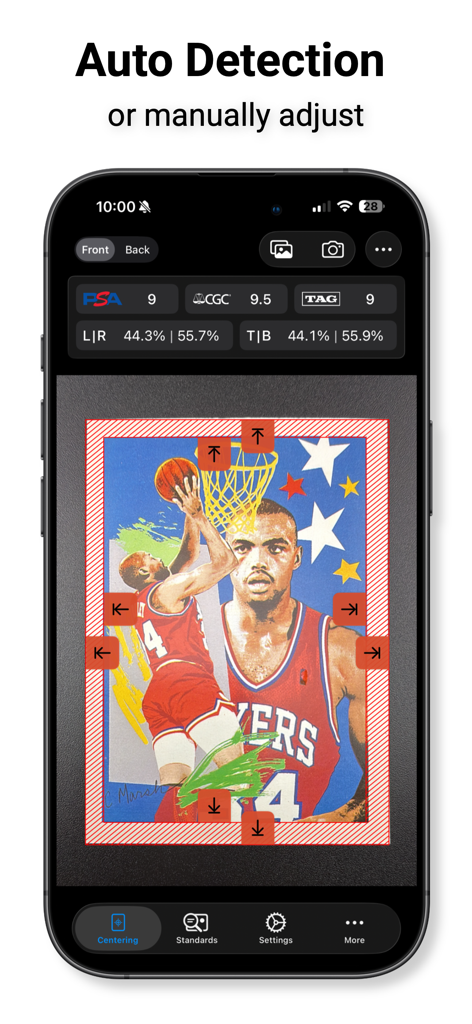 Card Centering Calculator app interface showing automatic centering detection and manual adjustment for a basketball card