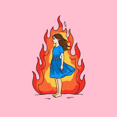 there is a fire but it's not so big but it's big but not too much and there is a girl standing in the middle