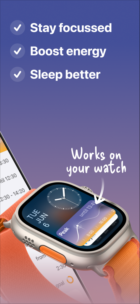 Peaks: Sleep & Energy - Apple Watch mostrando predicciones de pico de energía y datos del ritmo circadiano de la aplicación Peaks