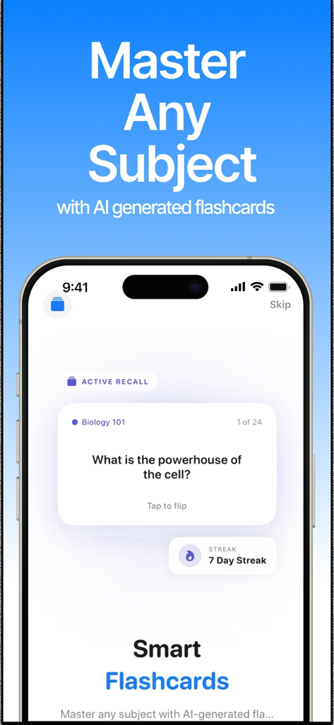 LectureScribe app interface showing an AI generated biology flashcard and a seven day study streak
