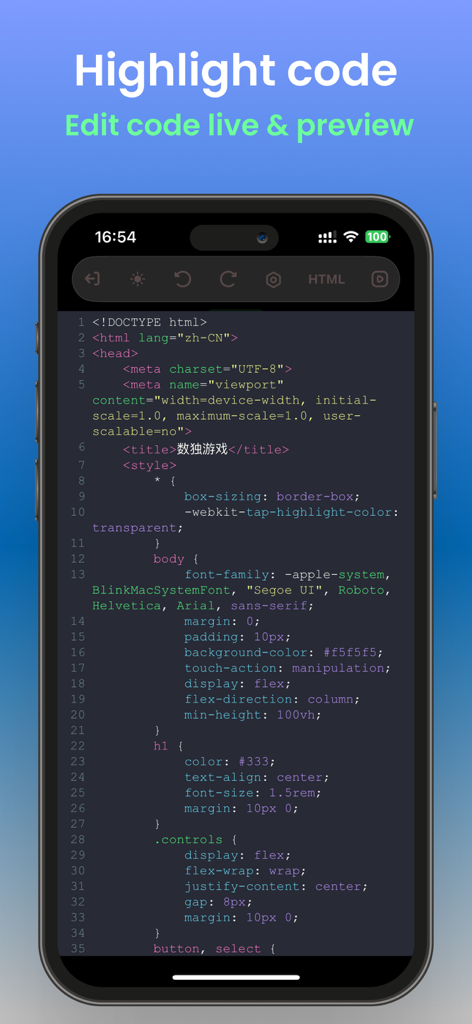 WebPen-HTML Editor & Preview - Interfaz del editor de código móvil con resaltado de sintaxis para codificación HTML y CSS.
