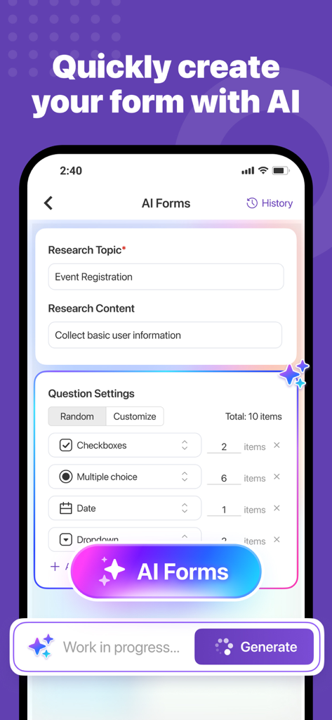 Forms for Google Docs - Interfaz de la aplicación móvil que muestra cómo crear rápidamente un Google Form usando IA con tipos de preguntas personalizados y temas de investigación