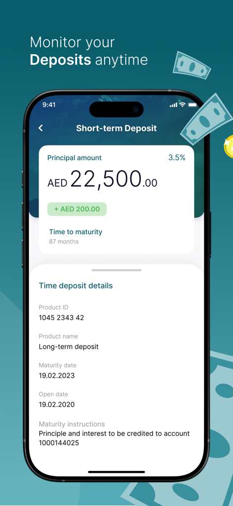 AAIB Business mobile app interface showing details for a short-term corporate deposit