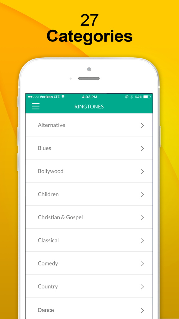Ringtones - Unlimited Ringtones Maker - Smartphone screen showing a list of music categories for ringtones including Alternative Blues and Classical