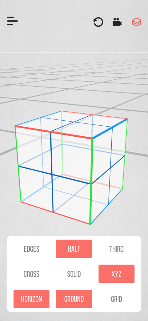 Zolly - Perspective Models - Ein 3D-Drahtgitterwürfel mit farbigen Achsen auf einem Perspektivgitter in der Zolly-App-Oberfläche