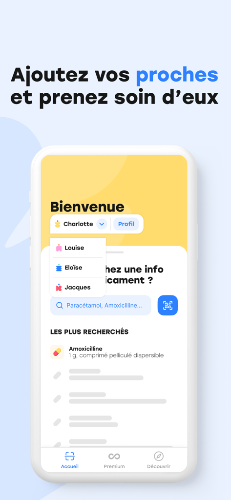 Goodmed - Scan de médicaments - Goodmed App-Oberfläche, die die Auswahl von Familienprofilen und Suchfunktionen für Medikamente anzeigt